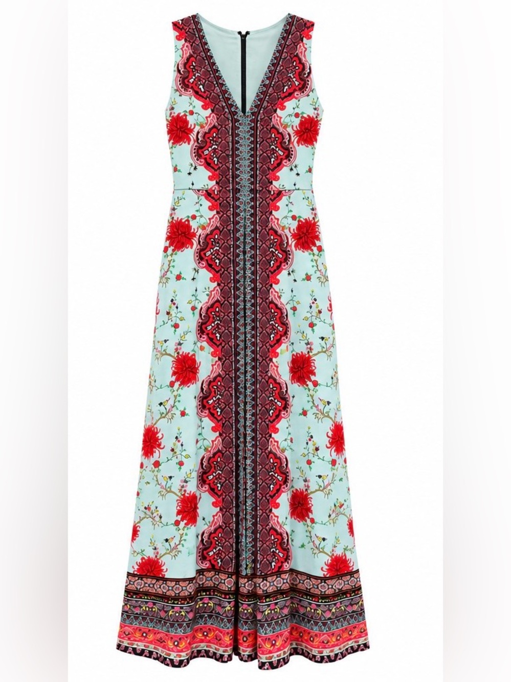 Alice + Olivia Mint Floral Border Maxi Jumpsuit with Red Accents